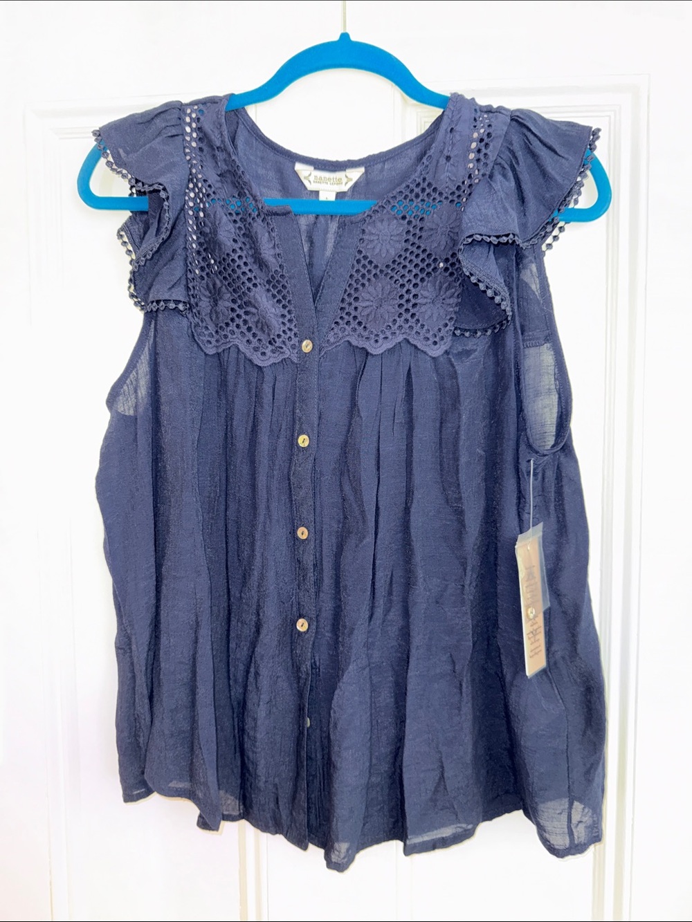 Nanette Lepore NWT large Embroidered Navy Sleeveless Button-Front Top eyelet